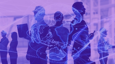 Menschen in Silhouette hinter einer stilisierten Weltkugel